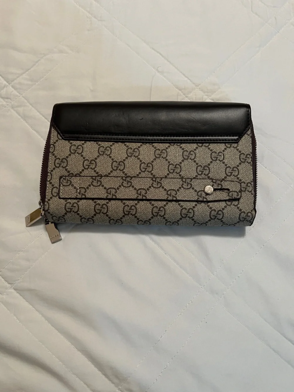 Gucci Beige Monogram and Dark Brown Leather Zip Wallet - Picture 2 of 5